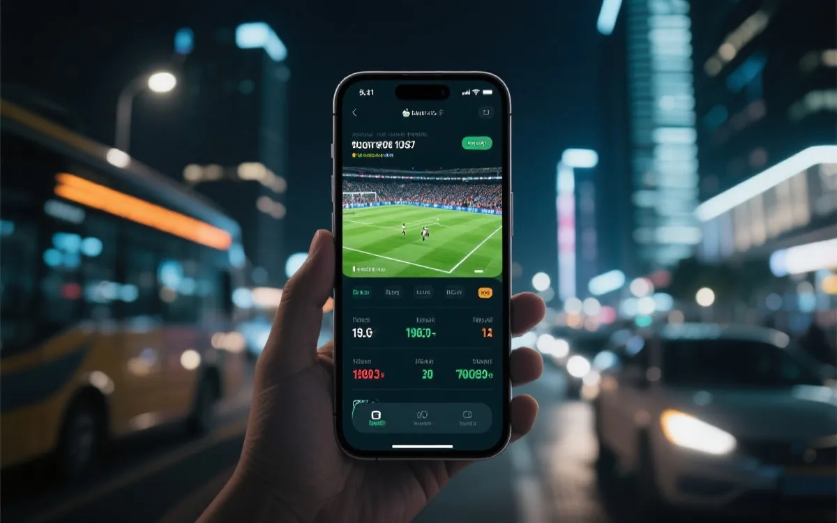 夜晚地铁或城市街景中，手机竖屏观看足球直播与数据面板的画面，干净现代风